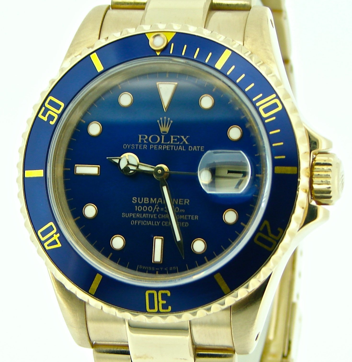 Mens Rolex SOLID 18K Yellow Gold Submariner Date Watch Sapphire Blue ...