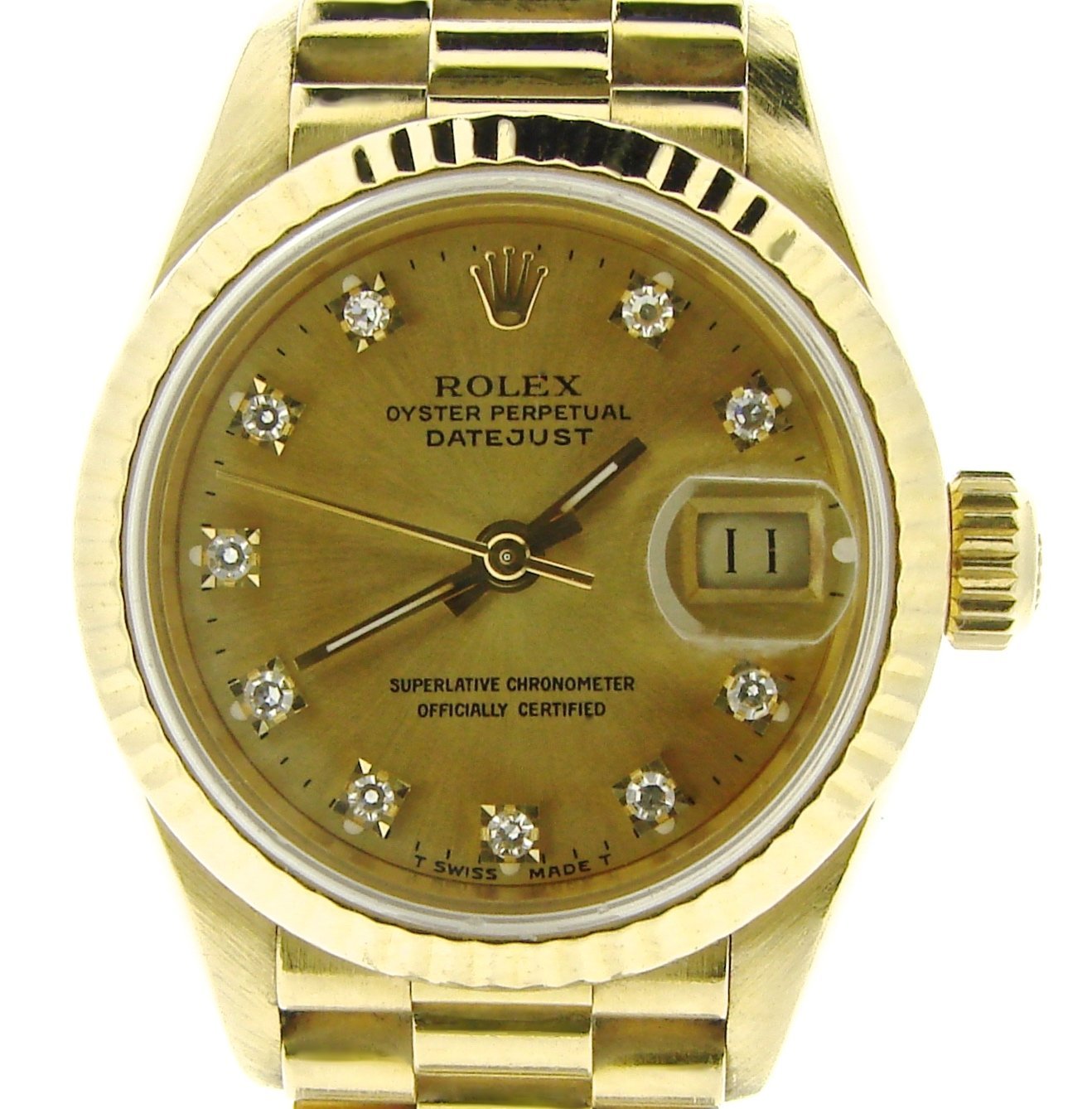 Ladies Rolex 18K Yellow Gold Datejust President Champagne Diamond 69178 ...