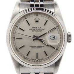Rolex Datejust 16234 with a silver Rolex dial and white gold Rolex Fluted bezel