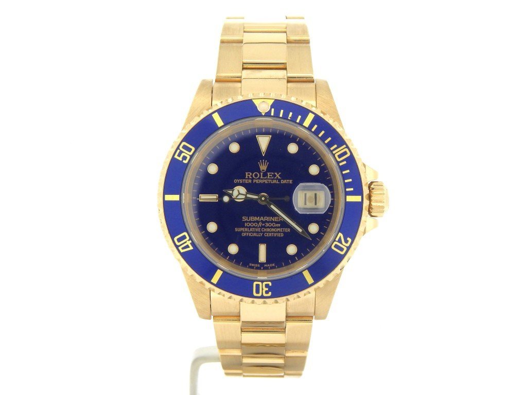 Mens Rolex 18K Yellow Gold Submariner Blue (SKU 16618BLUEMT) -