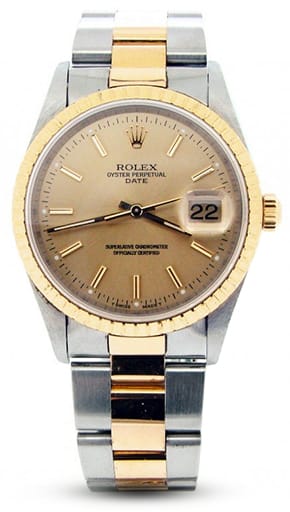 Pre Owned Mens Rolex Two-Tone Date with a Gold/Champagne Dial 15223