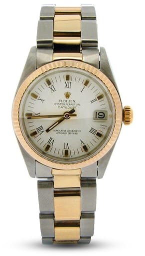 Pre Owned Mid Size Rolex Two-Tone Datejust with a White Roman Dial 6827