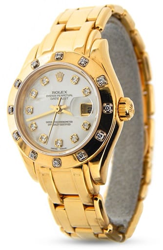 Ladies Rolex 18K Yellow Gold Datejust Pearlmaster White MOP Diamond 69318