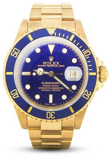 Mens Rolex 18K Yellow Gold Submariner Blue 16618
