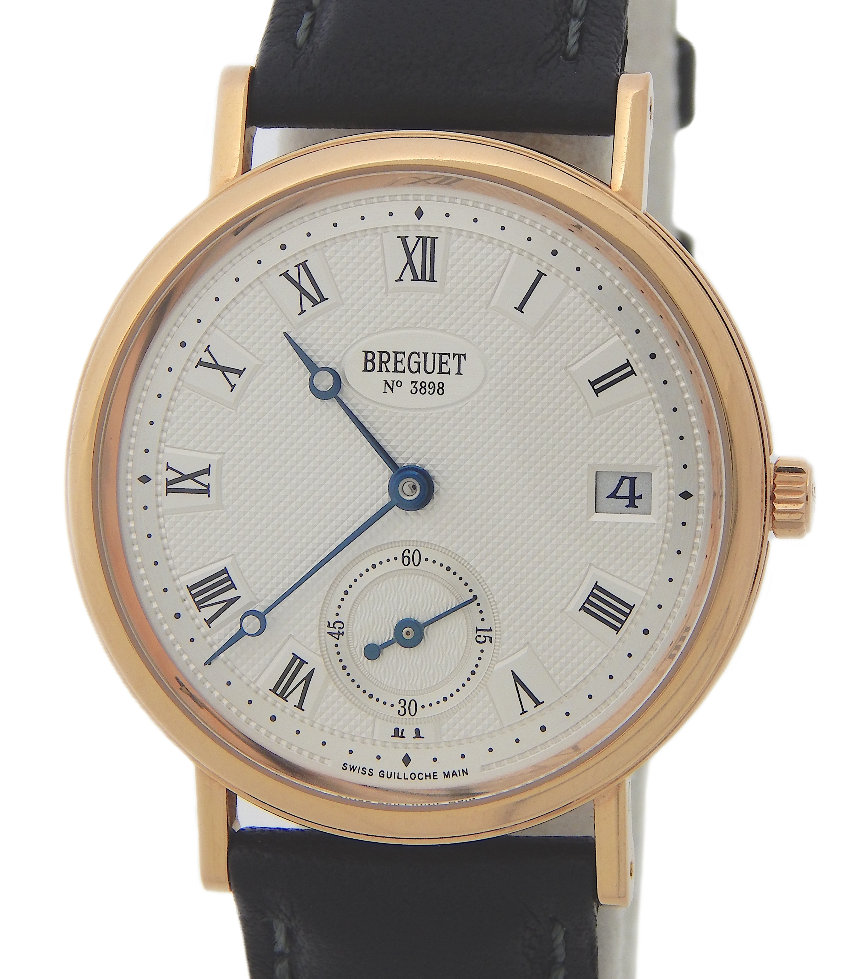 Mens 18k Yellow Gold Breguet Classique Silver Guilloche Dial Black