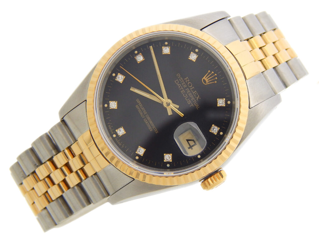 Mens Rolex Two-Tone Datejust Watch Ref. 16233 with Black Factory Diamond  Dial (SKU X467248BAMT)