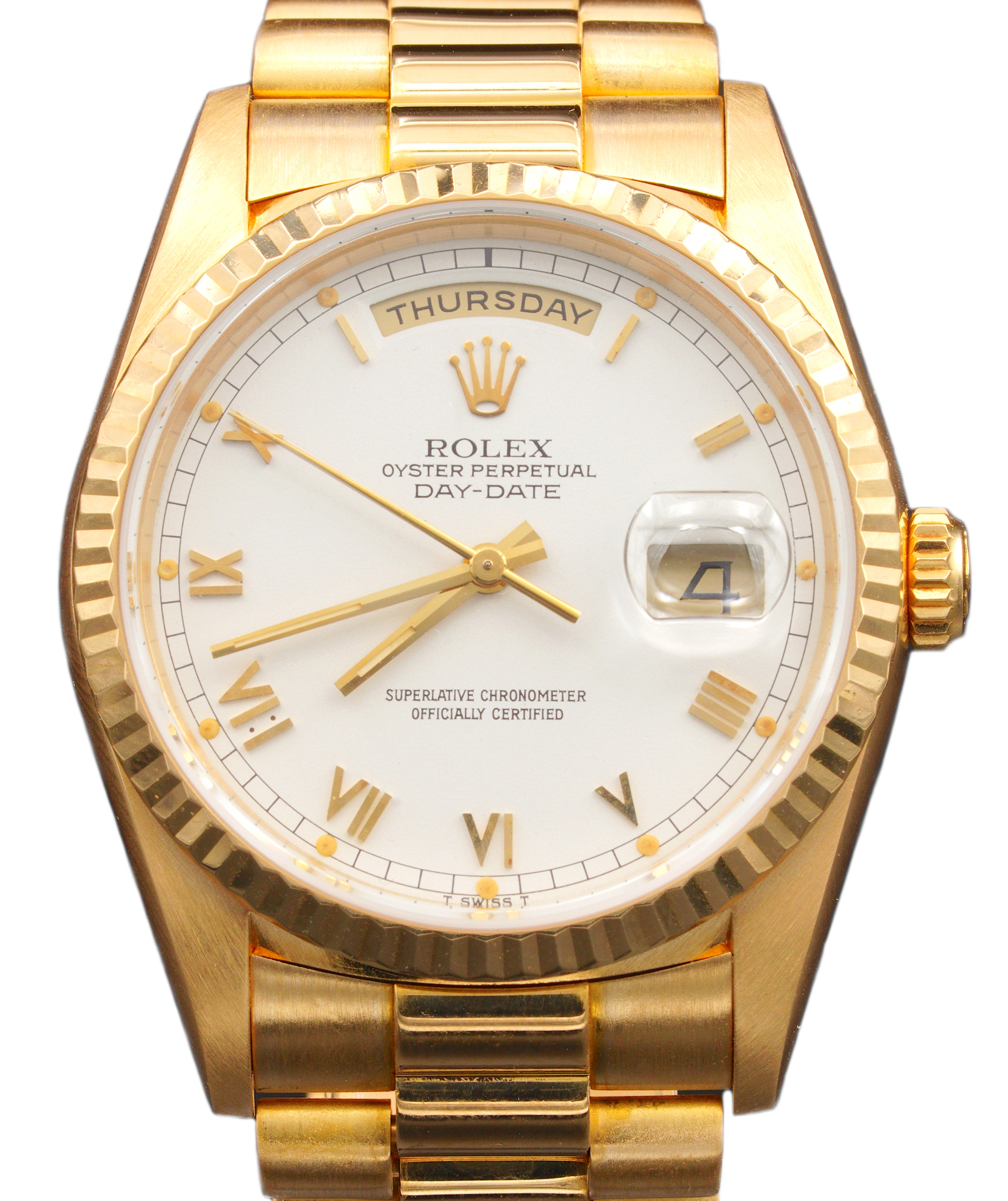 Mens Rolex 18K Gold Day-Date President Watch White Roman Dial 