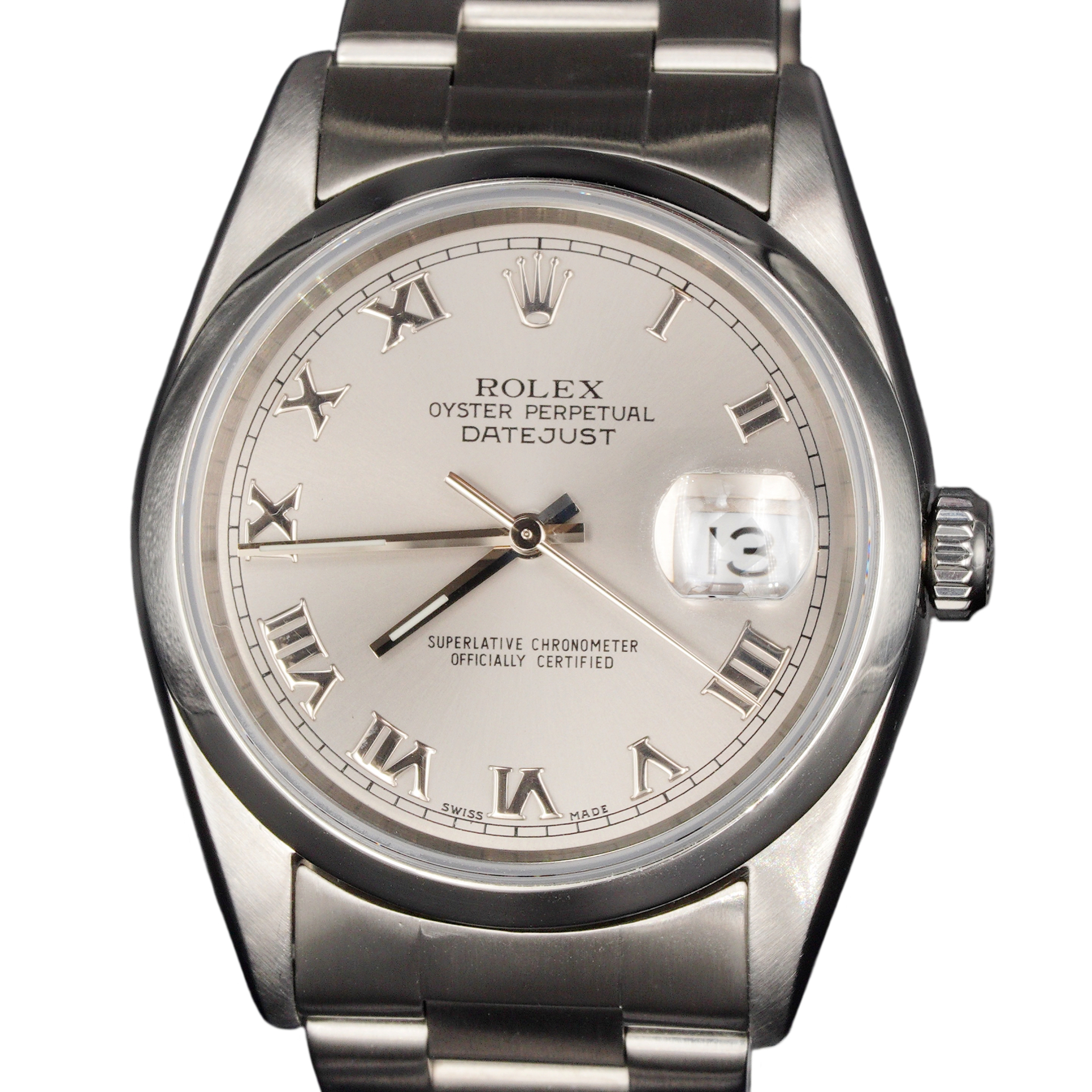 Mens Rolex Stainless Steel Datejust Watch Silver Roman Dial 16200