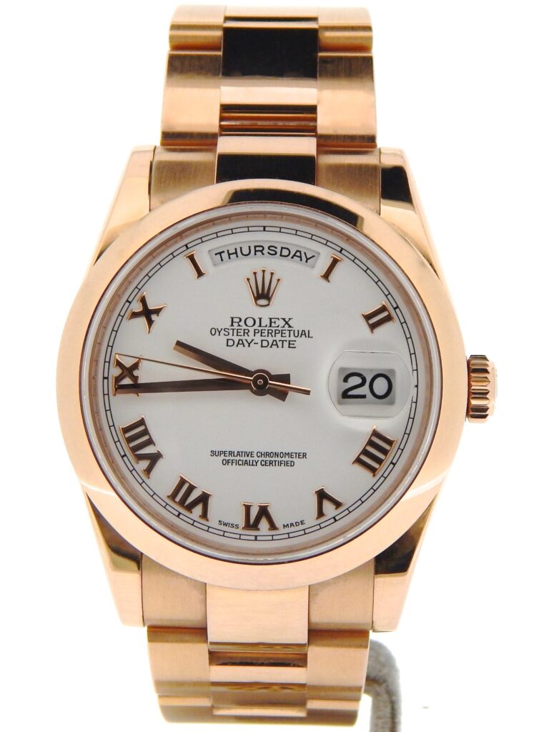 Mens Rolex 18K Gold Day-Date White Roman 118205