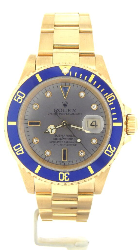 Mens Rolex 18K Yellow Gold Submariner Slate Diamond Blue 16618