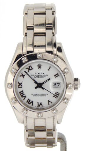 Ladies Rolex 18K White Gold Datejust Pearlmaster White Roman 80319