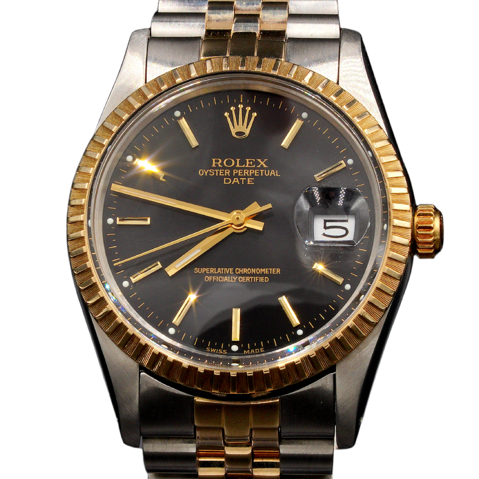 Mens Rolex Two-Tone Date Watch Black Stick Dial 15053 (SKU