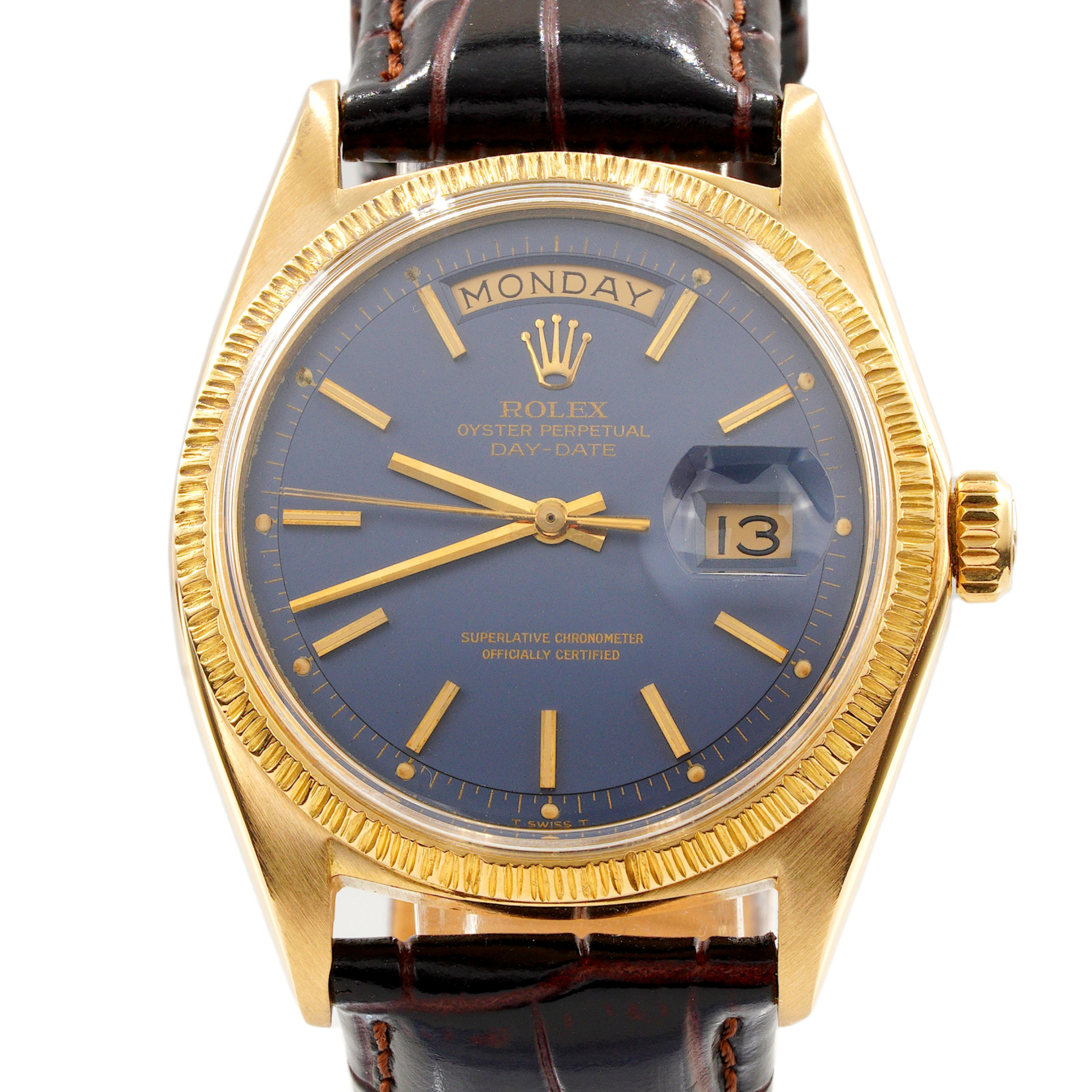 Mens Rolex 18K Yellow Gold Day-Date Bark Bezel Watch with Blue