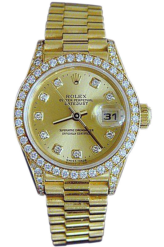 Ladies Rolex 18K Yellow Gold Datejust President Crown Collection Diamond 69158