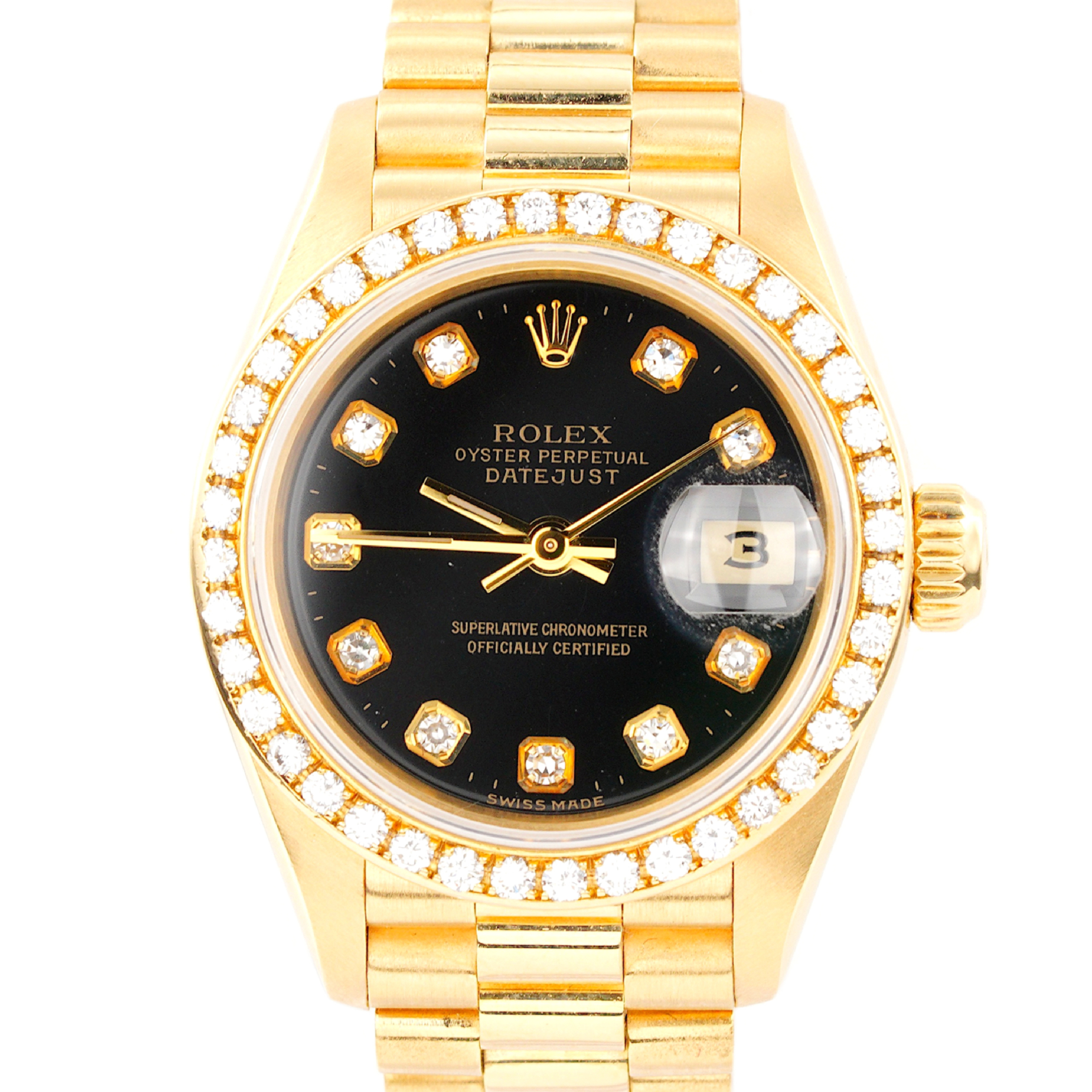 Ladies Rolex 18K Yellow Gold Datejust President 69178 Watch Black
